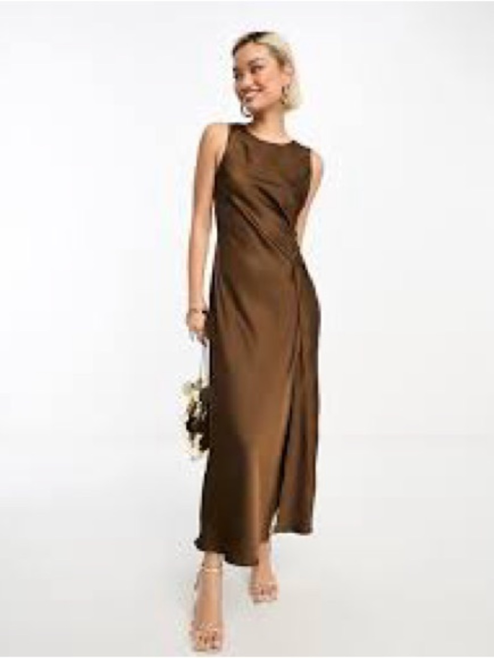 Moon River Brown Midi Dress with Side Ruched Detail